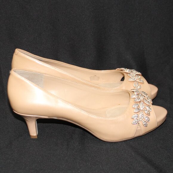 Alex Marie Patent Nude Beige Rhinestone Embellished Peep Toe Heels - Picture 5 of 15